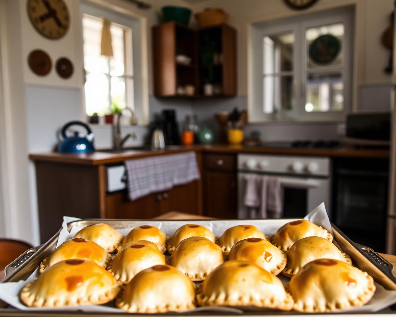 Freshly baked T&K empanadas in a Sydney home kitchen